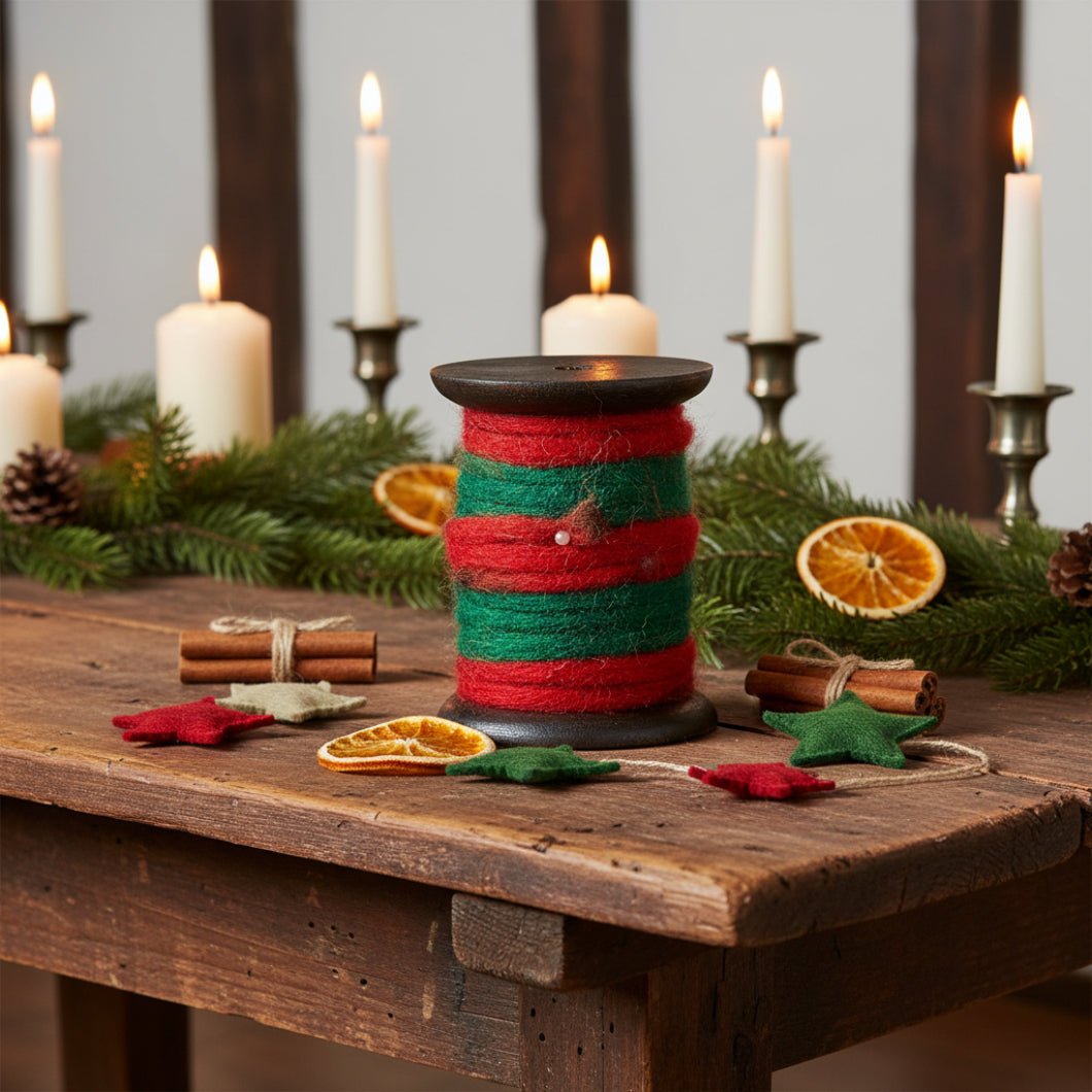 Primitive Christmas Red and Green Wooly Fleece Ribbon Spool - The Primitive Pineapple Collection