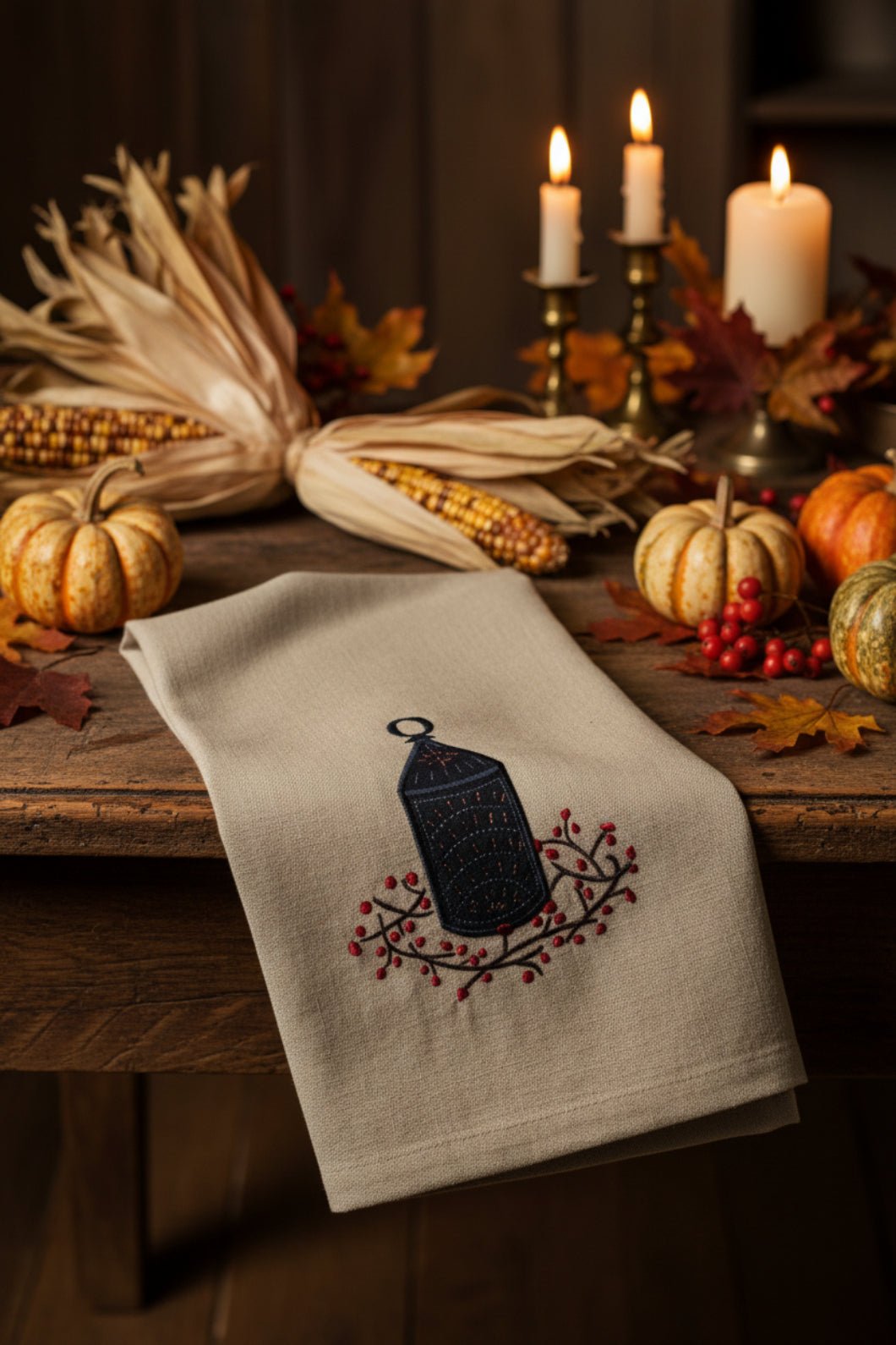 Primitive Farmhouse Punched Lantern w/ Bittersweet Towel - The Primitive Pineapple Collection