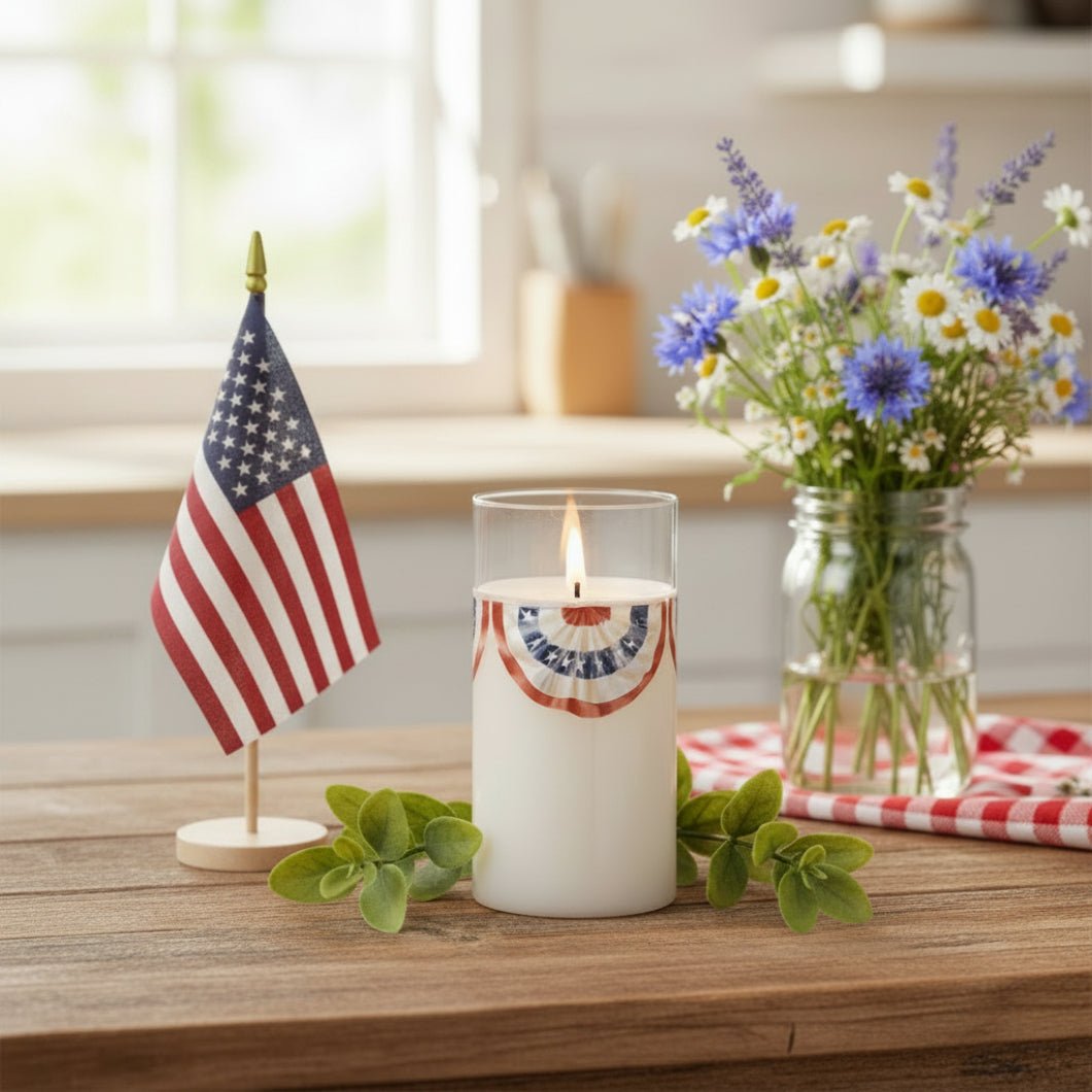 Ragon House 6" Patriotic Bunting Glass 3D Flame Candle - The Primitive Pineapple Collection