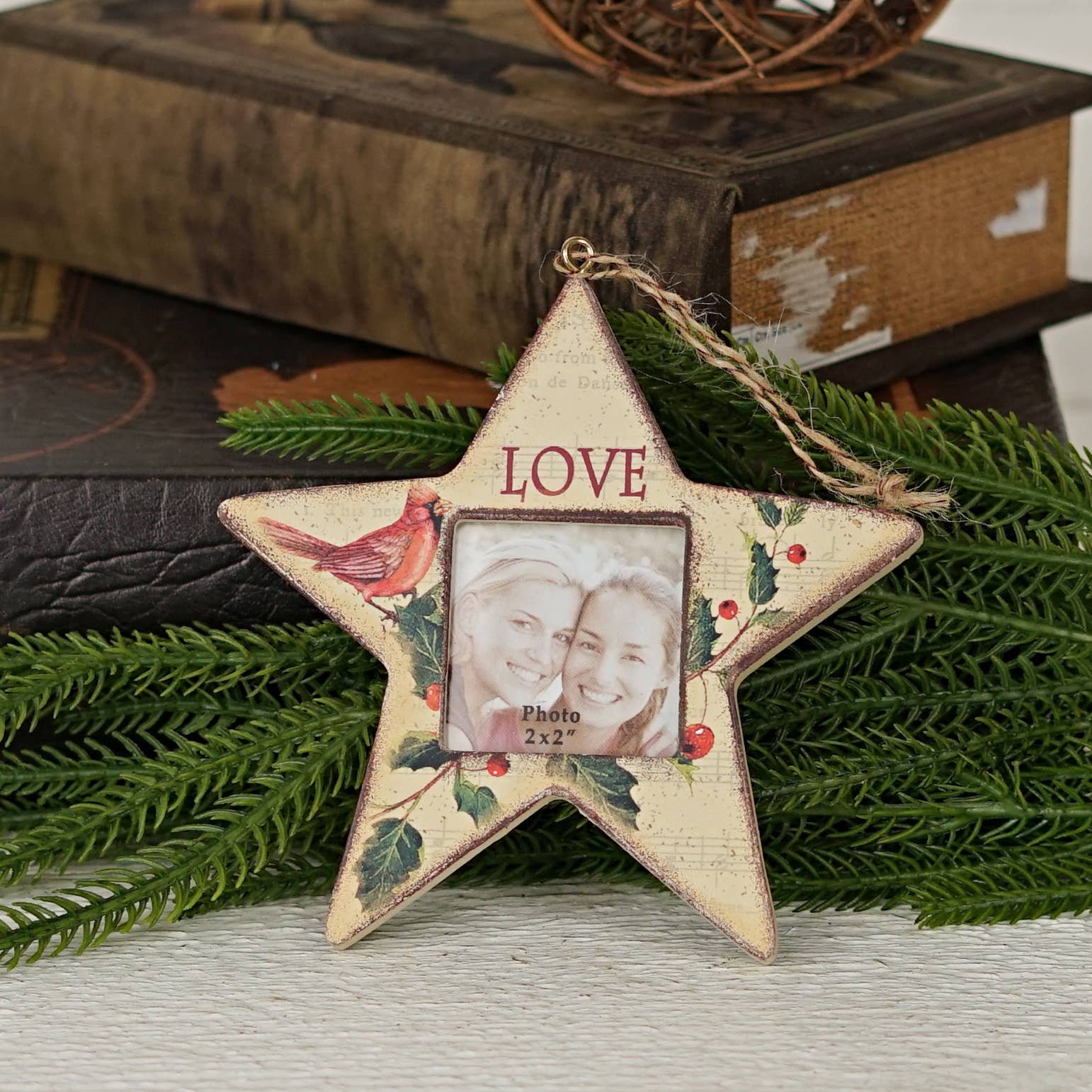 Primitive Christmas Star Picture Frame w/ Cardinal Ornament 5" - The Primitive Pineapple Collection