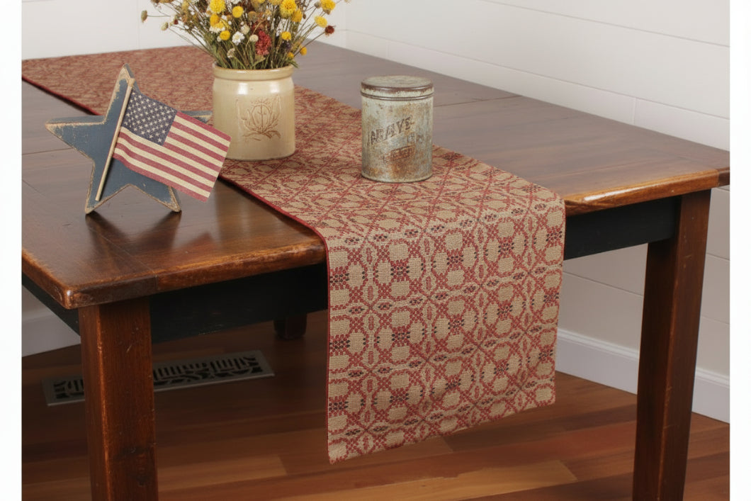 Primitive Colonial Farmhouse Kendall Jacquard Red Table Runner 36" - The Primitive Pineapple Collection