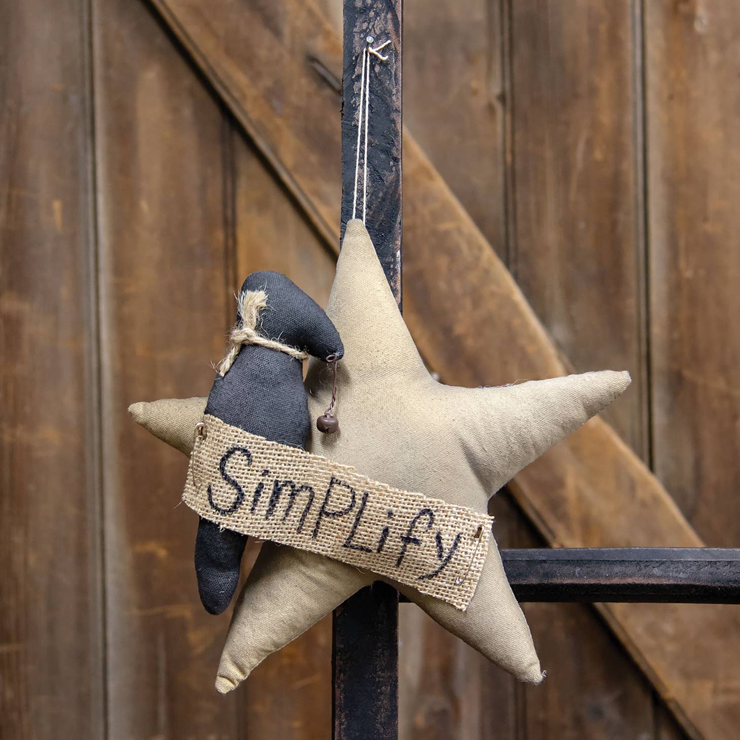 Primitive Farmhouse Simplify Fabric Star With Crow Hanging 9&quot;