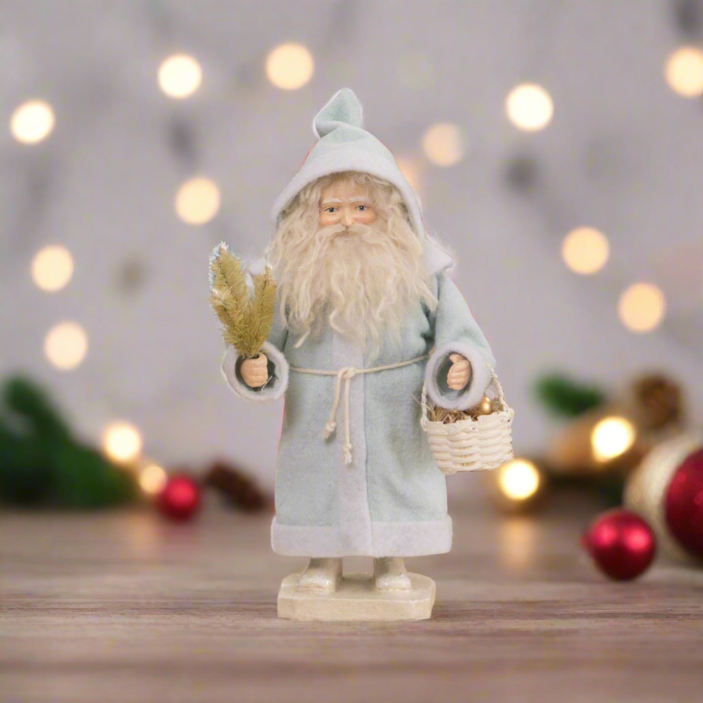 Bethany Lowe Christmas Pastel Blue Santa with Basket TD1164 - The Primitive Pineapple Collection
