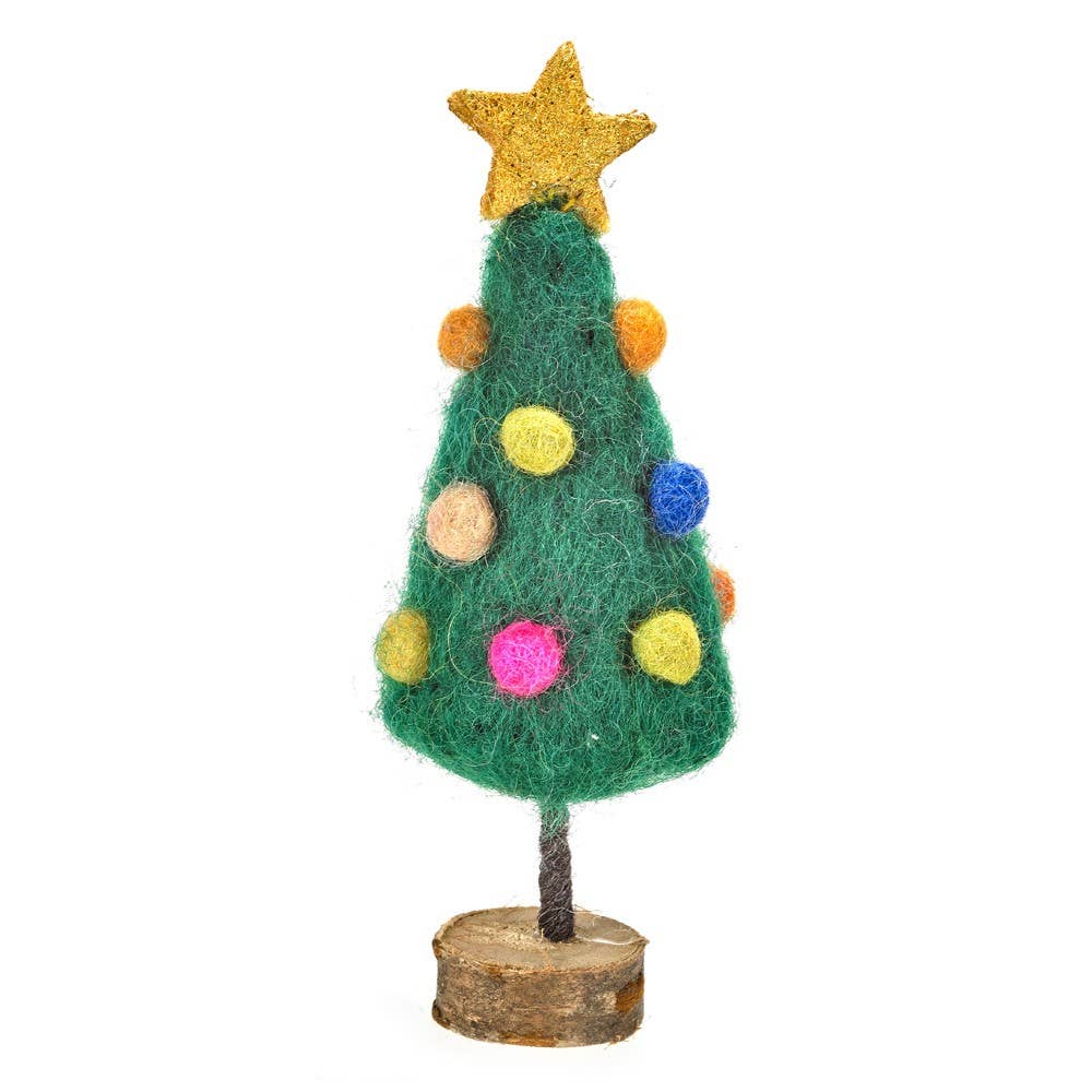 Primitive Handcrafted Wool Mini Xmas Tree On Wooden Stand 4.3&quot;