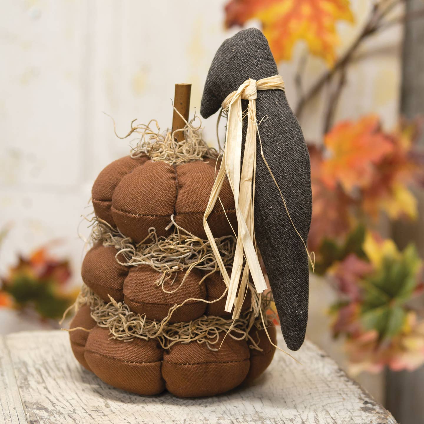 Primitive Halloween Stuffed Pumpkin Stack W/Primitive Crow 8" - The Primitive Pineapple Collection