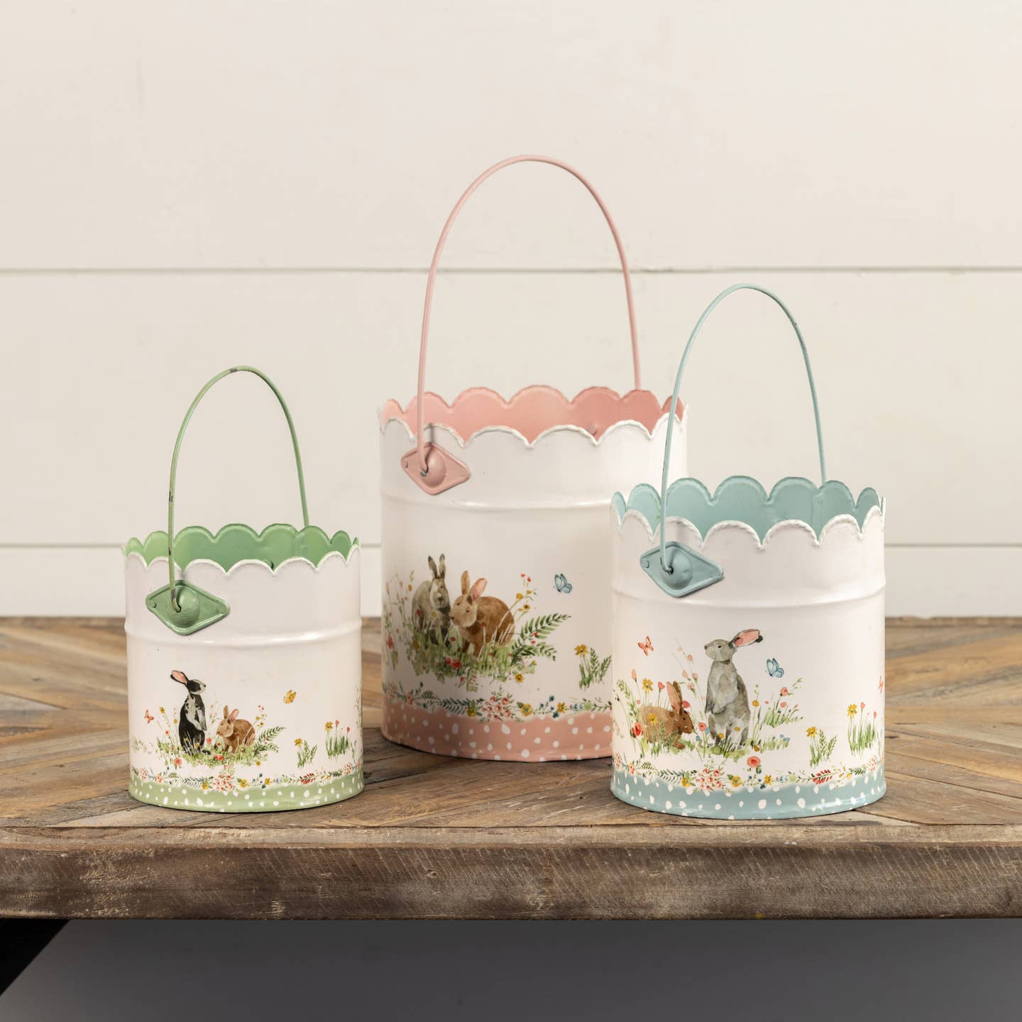 Primitive Ragon House Spring Easter 3 pc Scalloped Edge Bunny Buckets - The Primitive Pineapple Collection