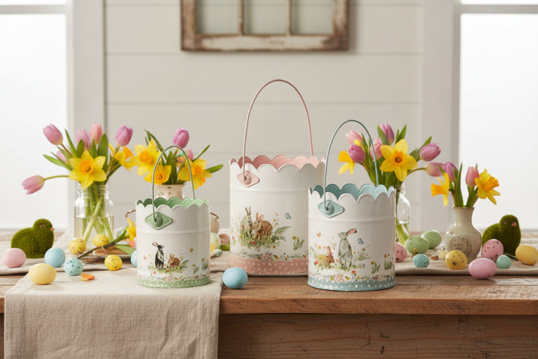 Primitive Ragon House Spring Easter 3 pc Scalloped Edge Bunny Buckets - The Primitive Pineapple Collection