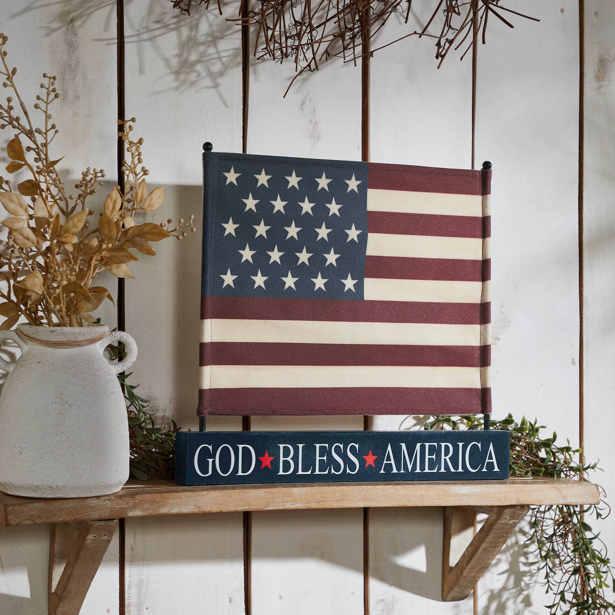 Primitive Americana Canvas American Flag on Blue Base Decor 12"x14"x1" - The Primitive Pineapple Collection