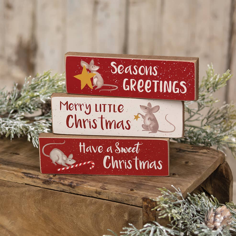Primitive Christmas 3 pc Merry Little Christmas Mouse Skinny Block Shelf Sitter - The Primitive Pineapple Collection
