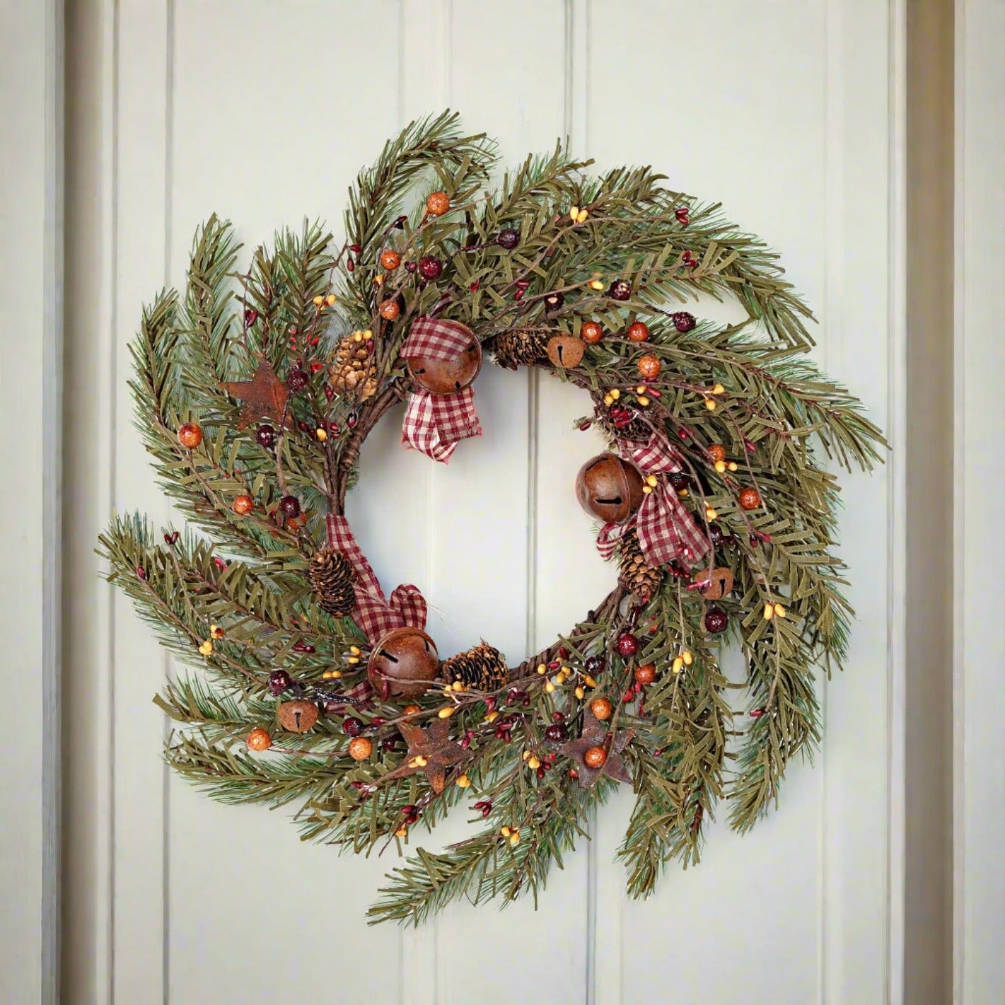 Primitive Christmas Rustic 12" Fabric Wreath w/ Bells and Rusty Stars - The Primitive Pineapple Collection