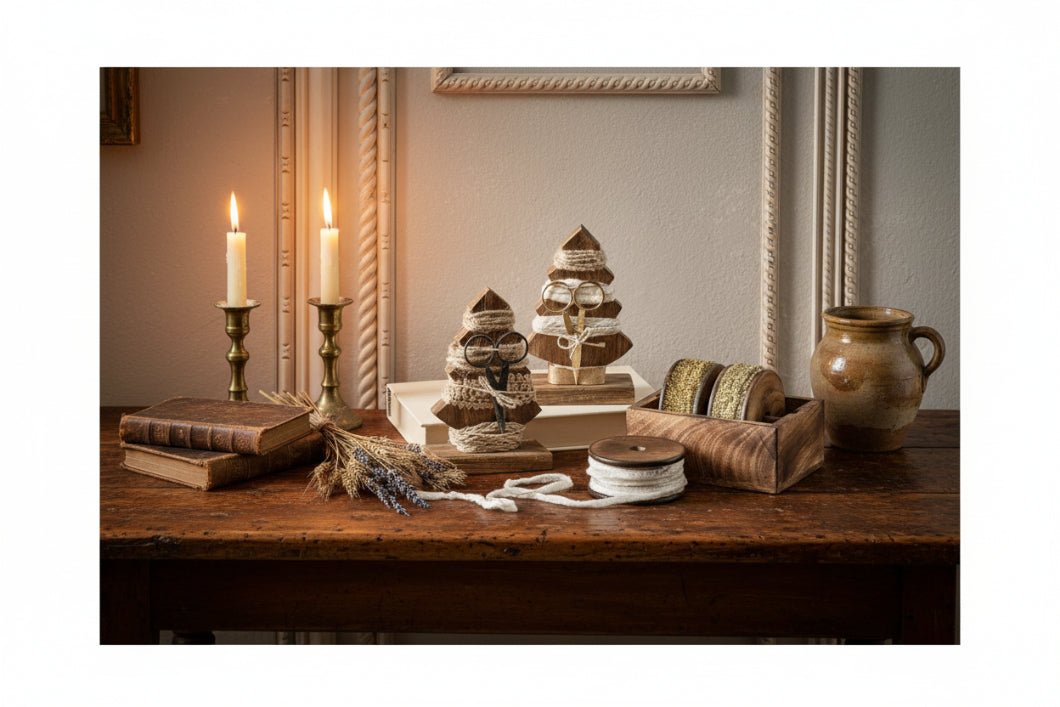 Primitive Champagne Wood Tree w/ Ribbon & Scissor Christmas - The Primitive Pineapple Collection