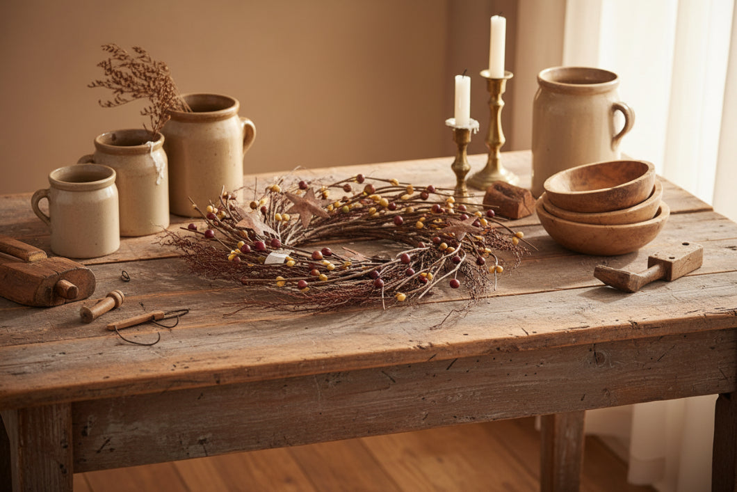 Primitive Farmhouse 4" Willow Berry and Stars Candle Ring - The Primitive Pineapple Collection