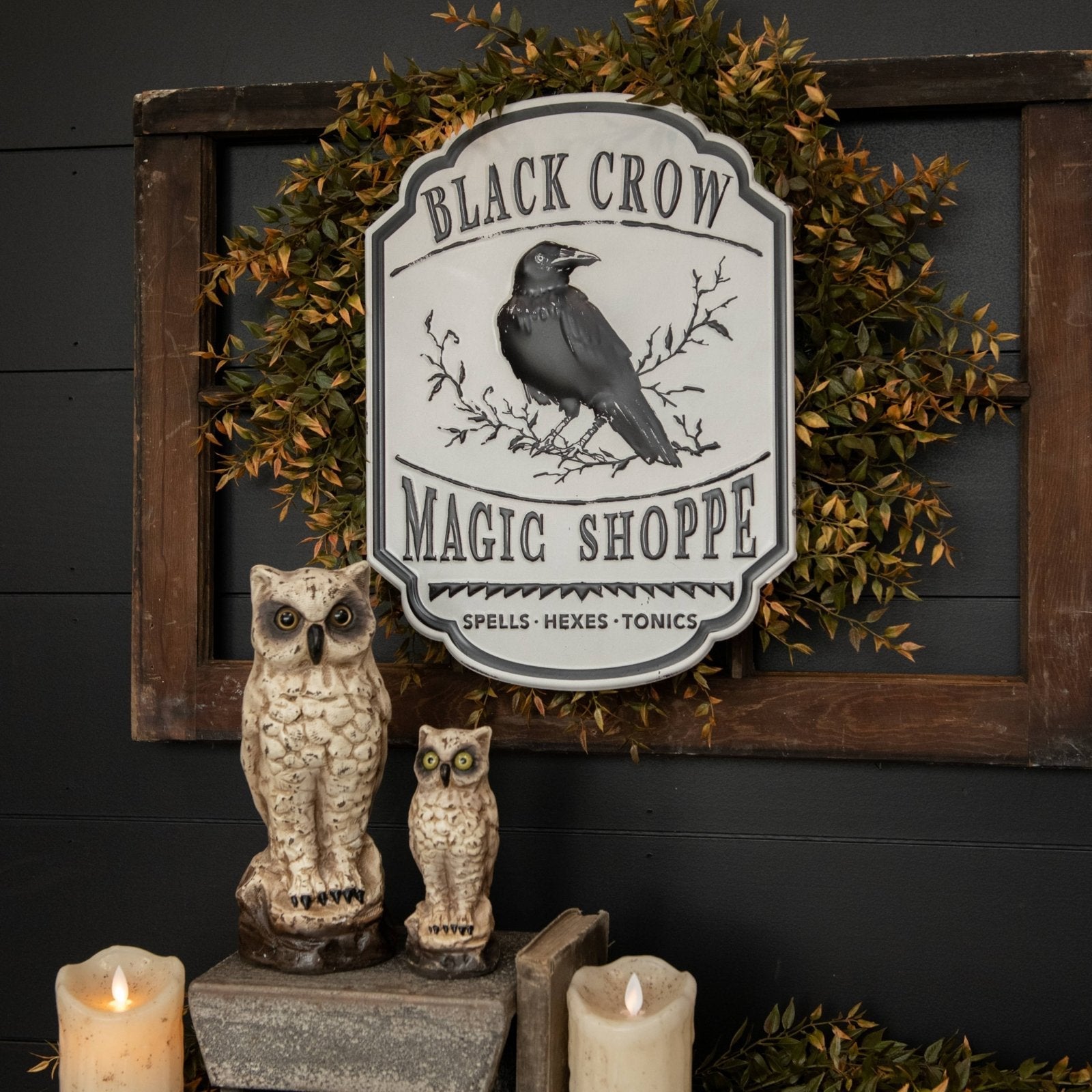 Ragon House Halloween 16.25" Black Crow Magic Shoppe Metal Sign - The Primitive Pineapple Collection