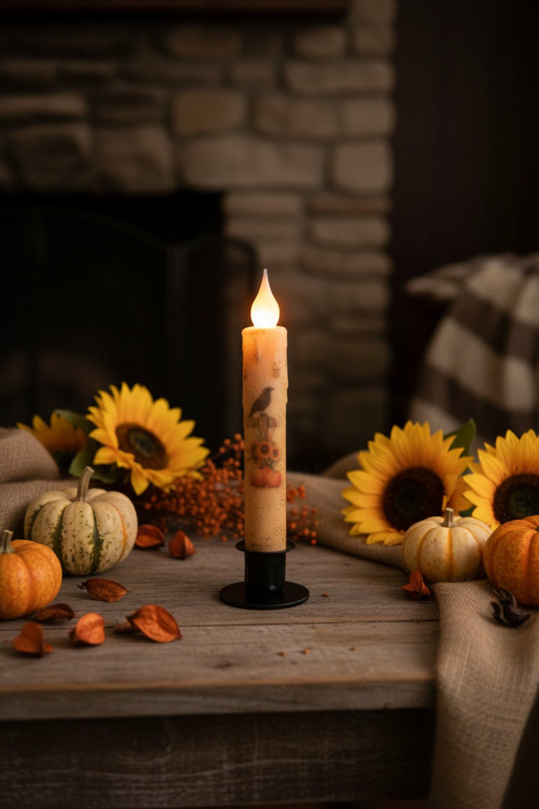 Primitive Handcrafted Crow in the Pumpkin Patch Flickering LED Timer Taper Candle - The Primitive Pineapple Collection