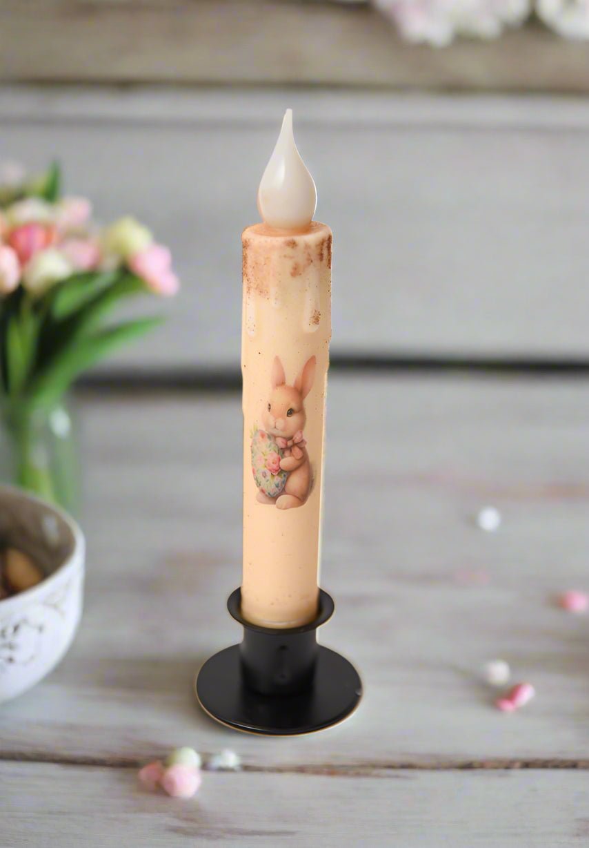 Primitive Handcrafted Spring Summer Bunny with Egg LED Taper Candle - The Primitive Pineapple Collection