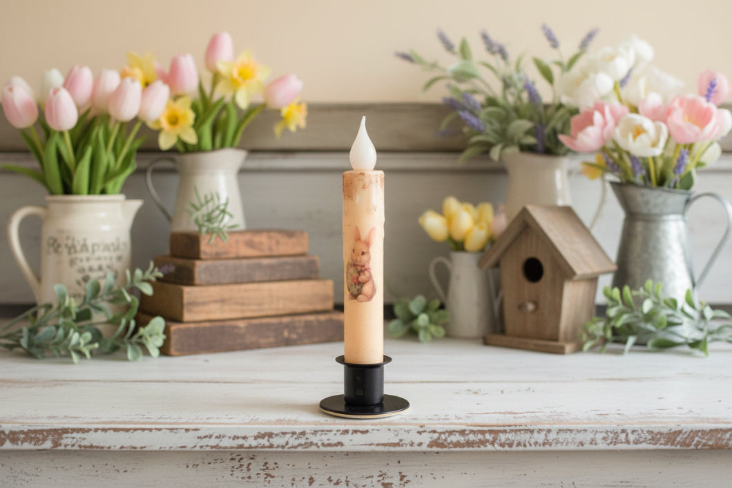 Primitive Handcrafted Spring Summer Bunny with Egg LED Taper Candle - The Primitive Pineapple Collection