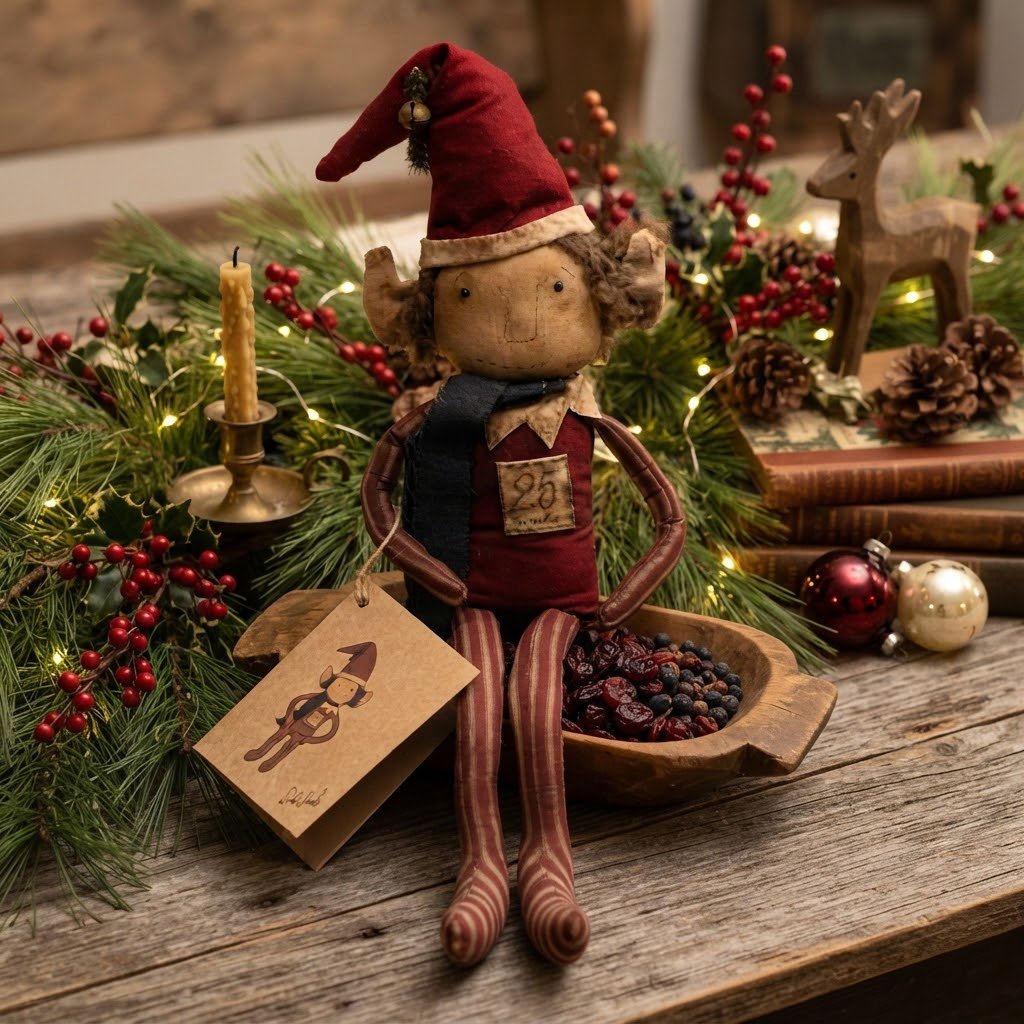 Elf in the Cupboard w/ Story Book 23" Handcrafted Folk Art Doll - The Primitive Pineapple Collection