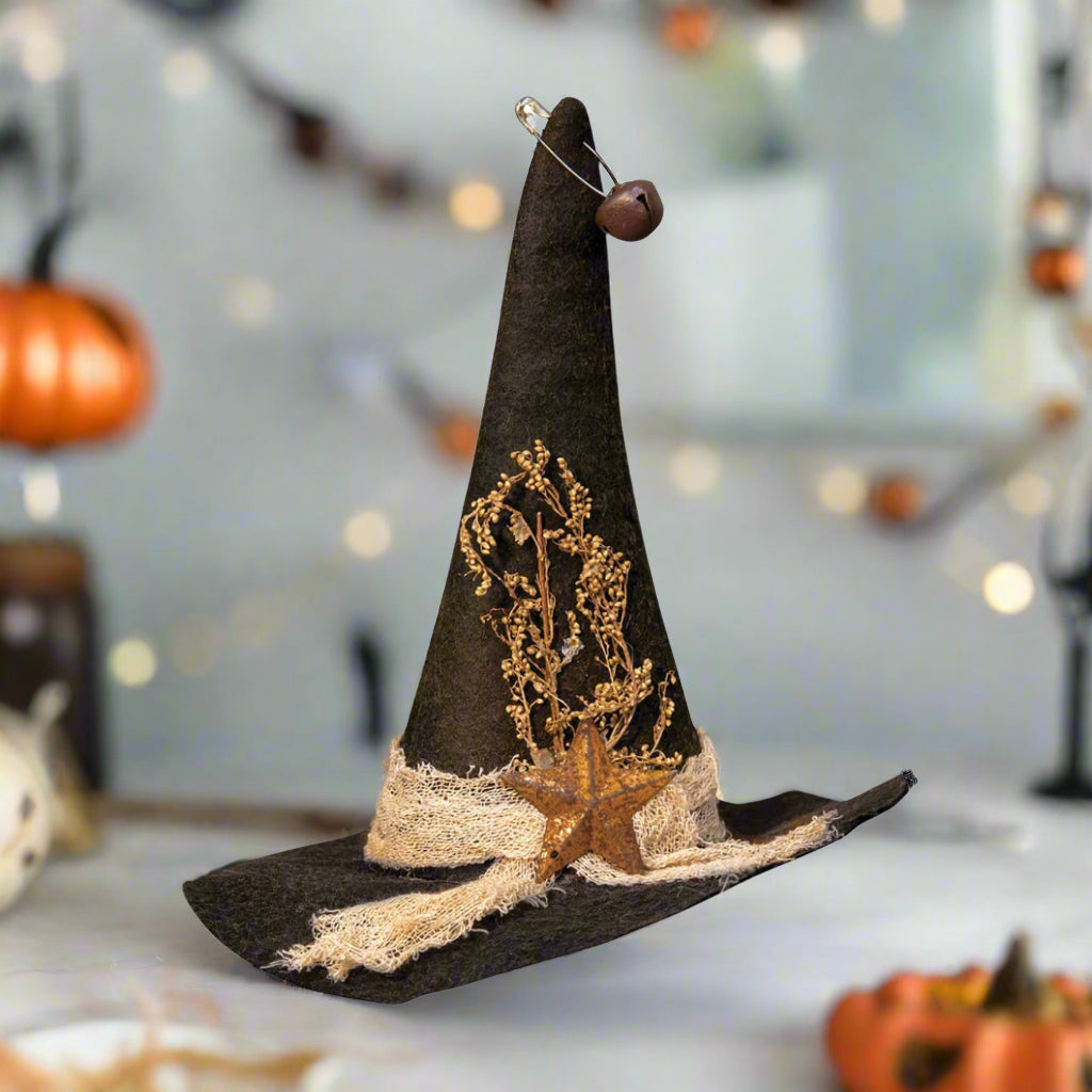 Primitive Country Halloween Felt Felt Witch Hat Ornament 6.75" - The Primitive Pineapple Collection