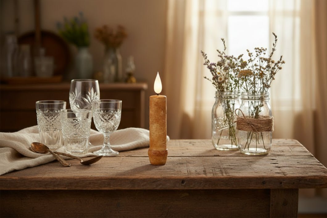 Primitive 4.25" Cinnamon Colored LED Taper Candle w/ Timer - The Primitive Pineapple Collection