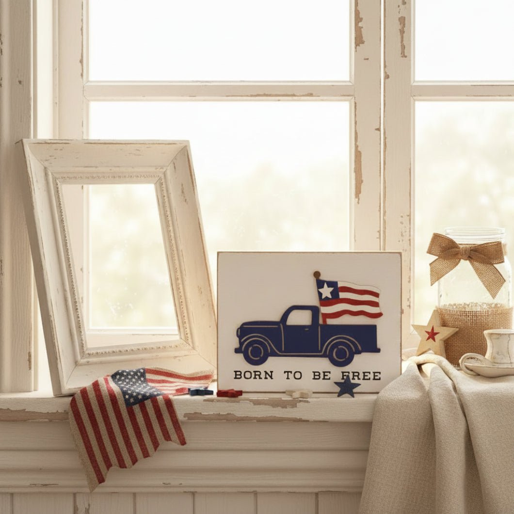 Americana Born To Be Free Blue Truck Block Sign 6" Patriotic 4th of July Decor - The Primitive Pineapple Collection