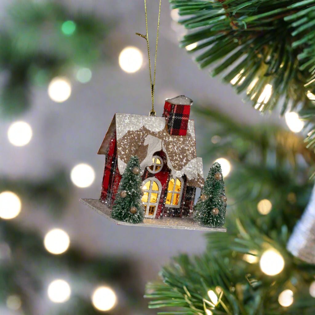 Ragon House Christmas Plaid Lighted House w/ Bottle Brush Trees Ornament - The Primitive Pineapple Collection