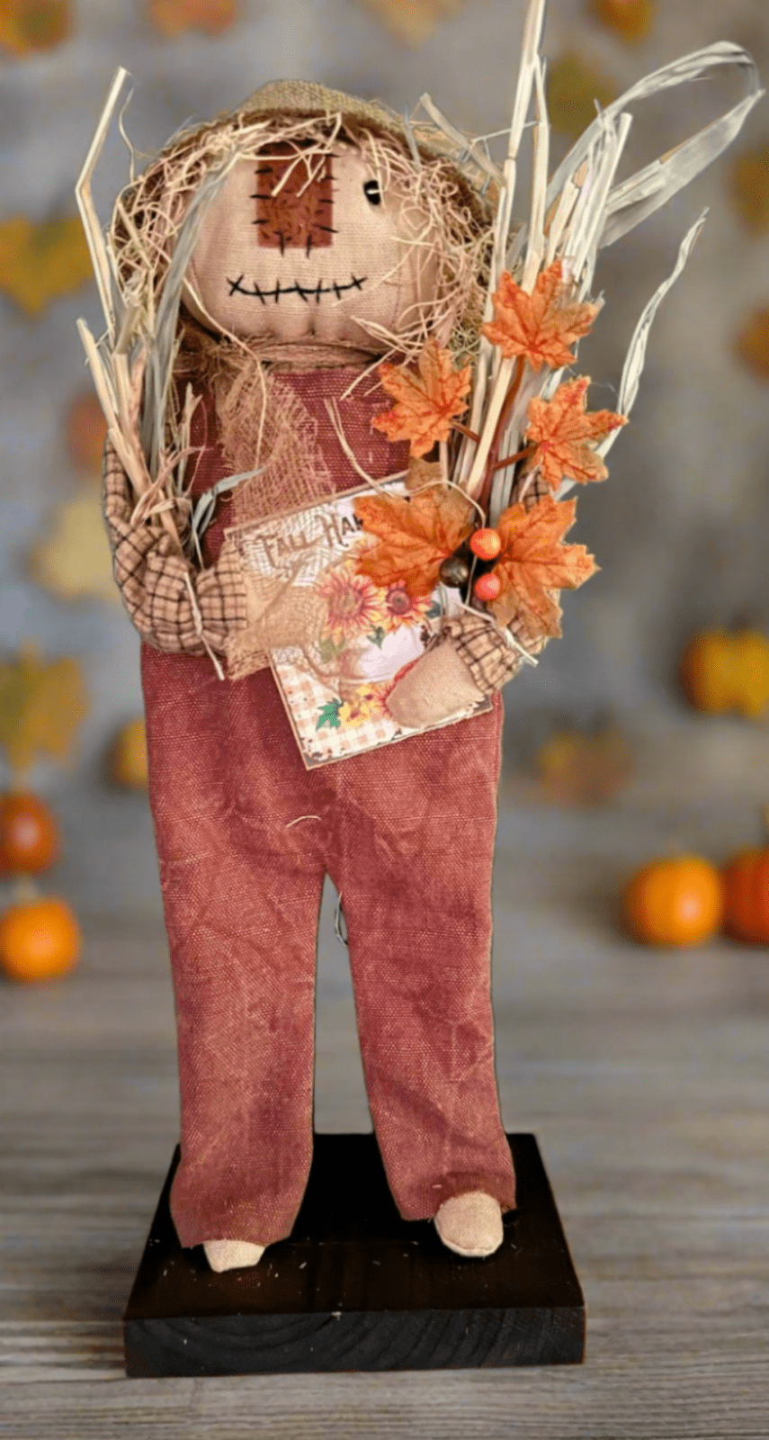 Primitive Folk Art USA Fall Boy Scarecrow on Stand w/ Beige Fall Harvest Sign 15" - The Primitive Pineapple Collection