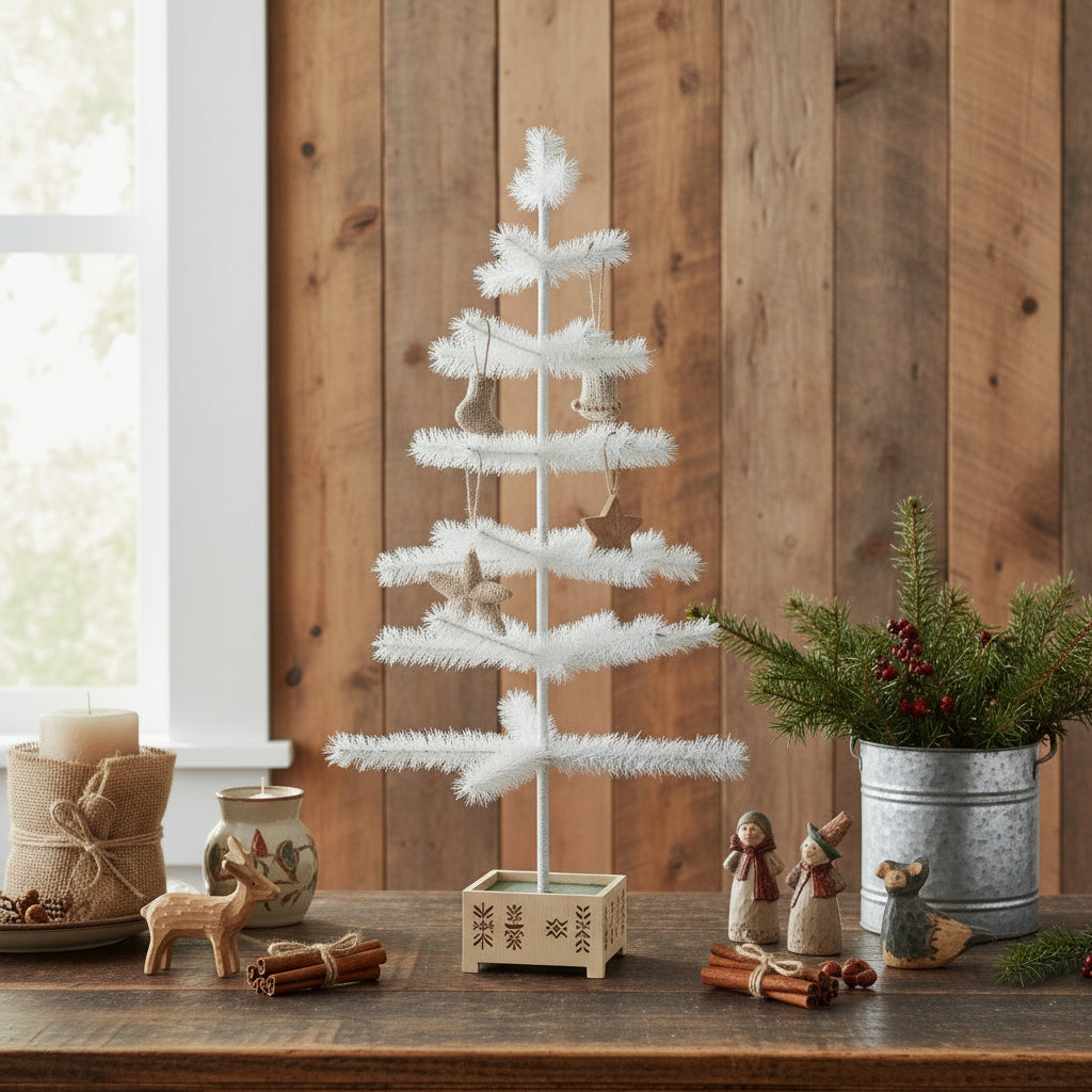 Ragon House Germany Style 36" Ivory Feather Tree in Stenciled Wood Base - The Primitive Pineapple Collection