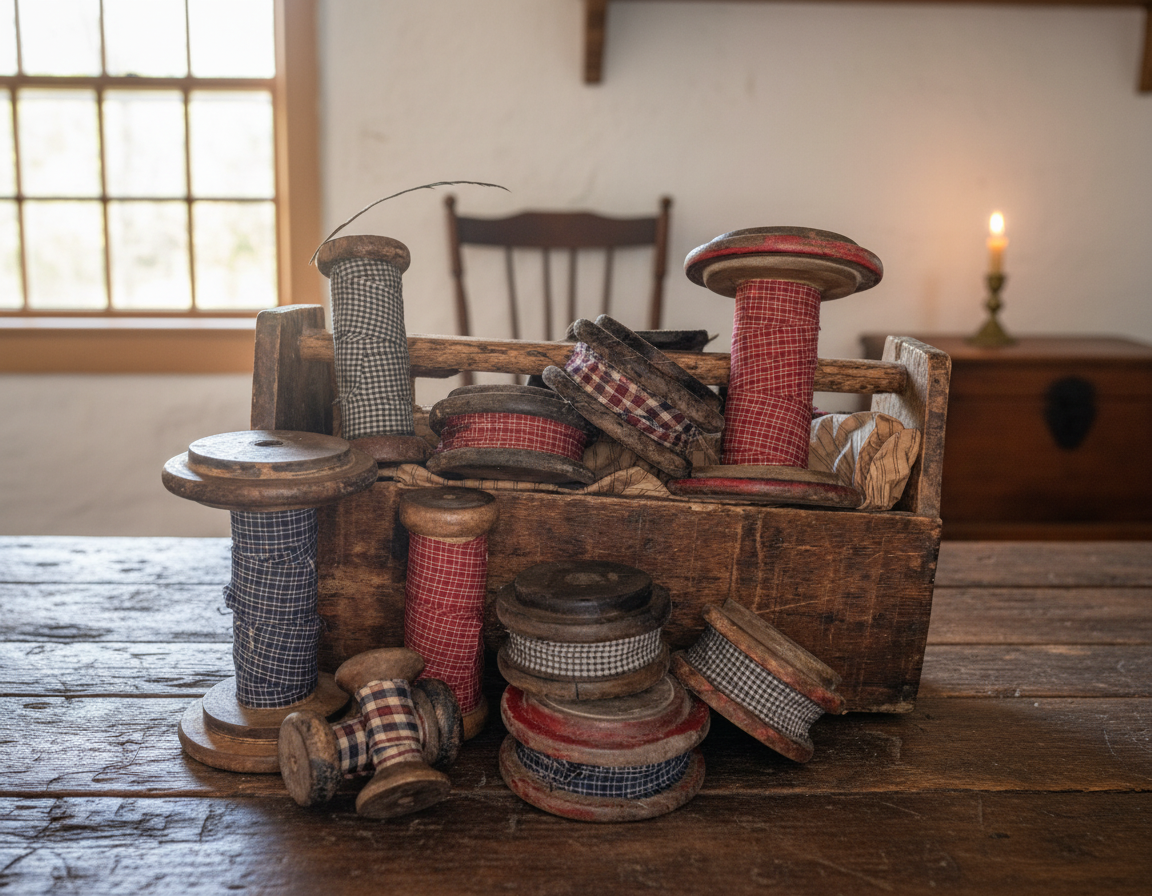 Farmhouse Primitive Vintage Wood Spool with Homespun Fabric 4 sizes Rustic - The Primitive Pineapple Collection