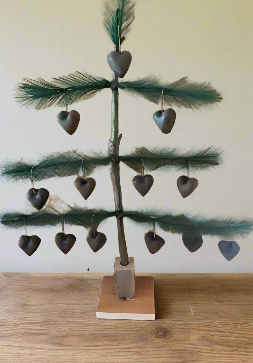 Primitive Handcrafted USA 15” Rustic German Feather Tree on Base with Wax Heart Ornaments - The Primitive Pineapple Collection