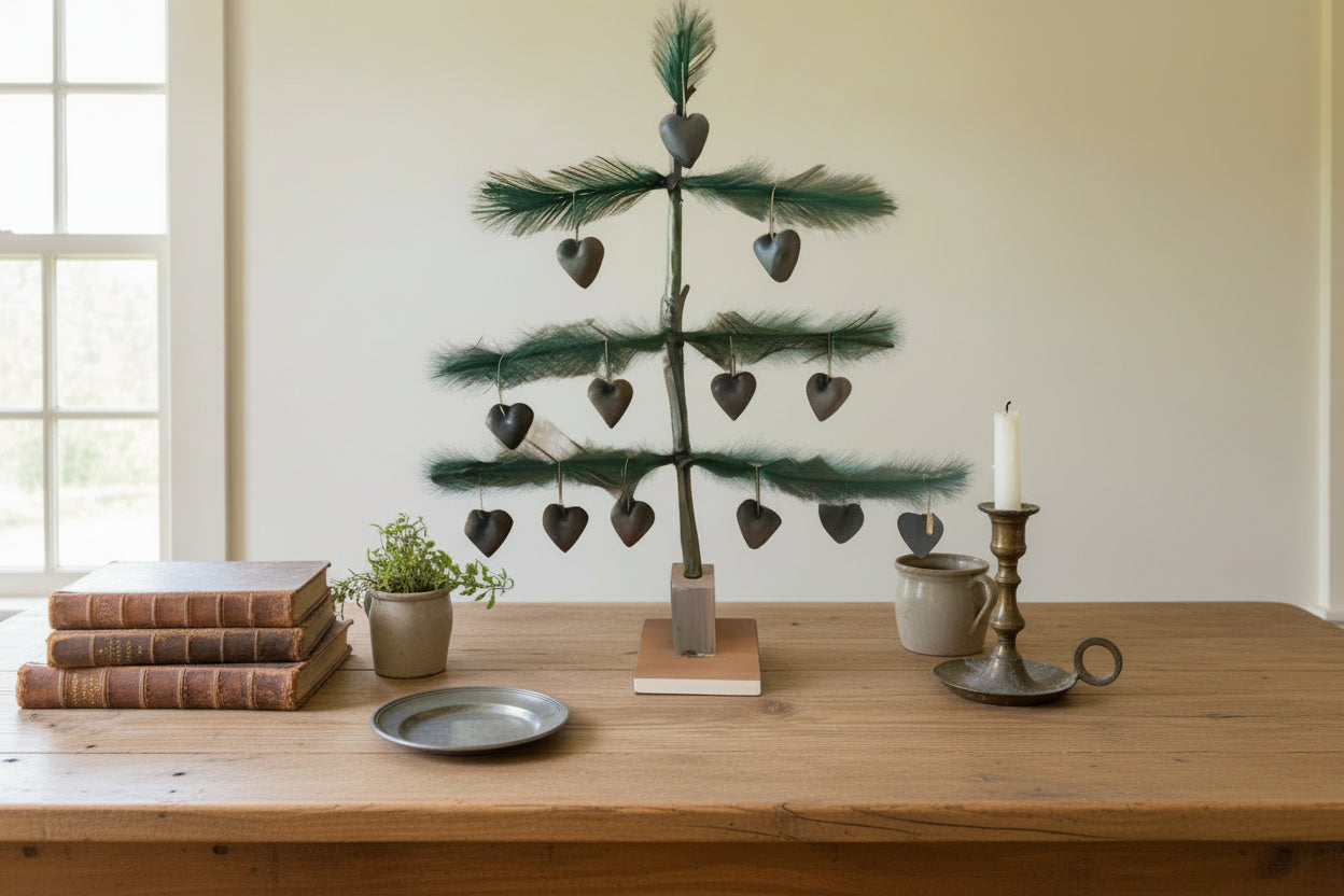 Primitive Handcrafted USA 15” Rustic German Feather Tree on Base with Wax Heart Ornaments - The Primitive Pineapple Collection