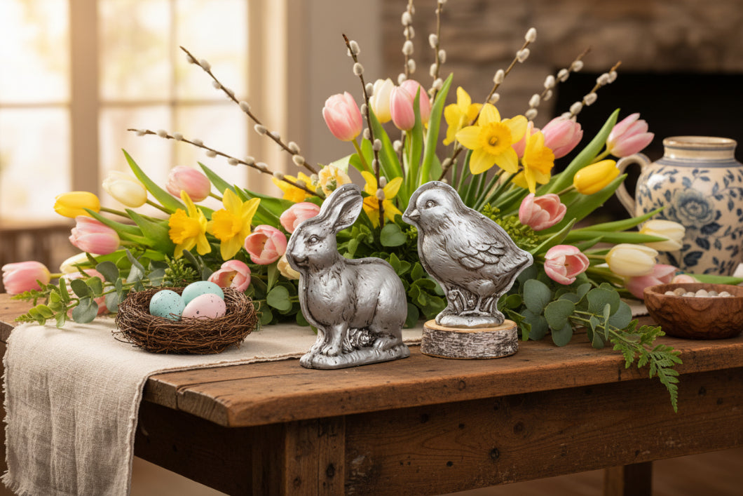 Primitive Farmhouse Spring Silver Bunny Faux Chocolate Mold Sitter 6.5" - The Primitive Pineapple Collection