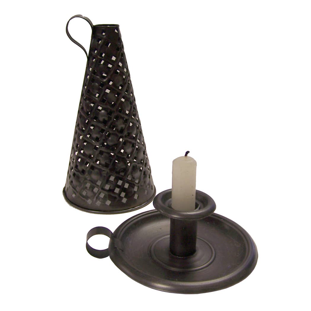 Primitive Colonial 7" Early American Candle Holder w/ Tin Shade - The Primitive Pineapple Collection