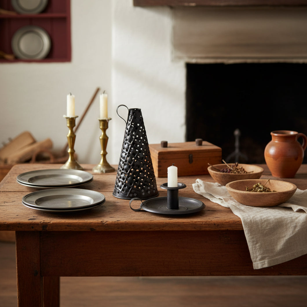 Primitive Colonial 7" Early American Candle Holder w/ Tin Shade - The Primitive Pineapple Collection