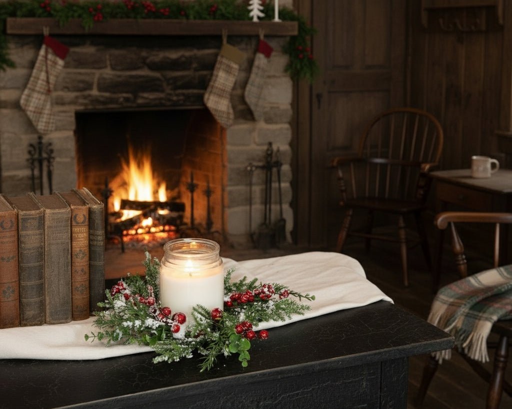 Ragon House Christmas Holiday 12" Snowy Evergreen w/ Red Berry Candle Ring/Wreath - The Primitive Pineapple Collection