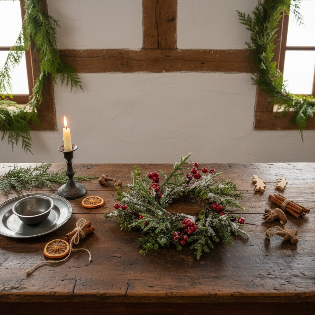 Ragon House Christmas Holiday 12" Snowy Evergreen w/ Red Berry Candle Ring/Wreath - The Primitive Pineapple Collection