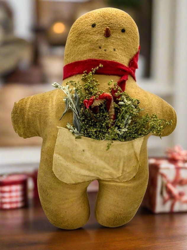 Primitive/Country Large Gingerbread Snowman w/Pocket of Sweet Annie 10" Christmas - The Primitive Pineapple Collection