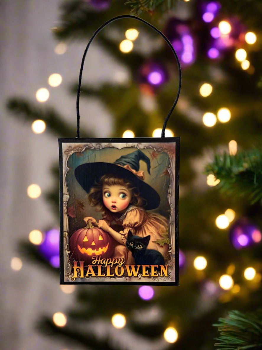 Primitive Retro Handcrafted Happy Halloween Little Witch w/ Jack O Lantern Ornament - The Primitive Pineapple Collection
