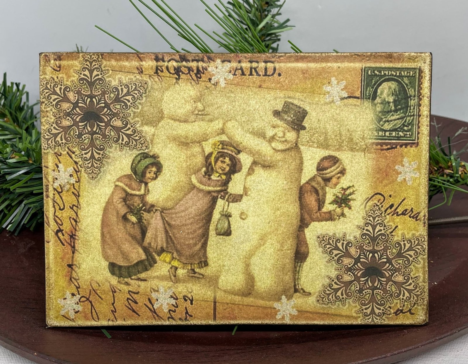 Christmas Handmade Vintage Postcard 5”x7 Canvas Plaque Victorian Girls Building Snowman - The Primitive Pineapple Collection