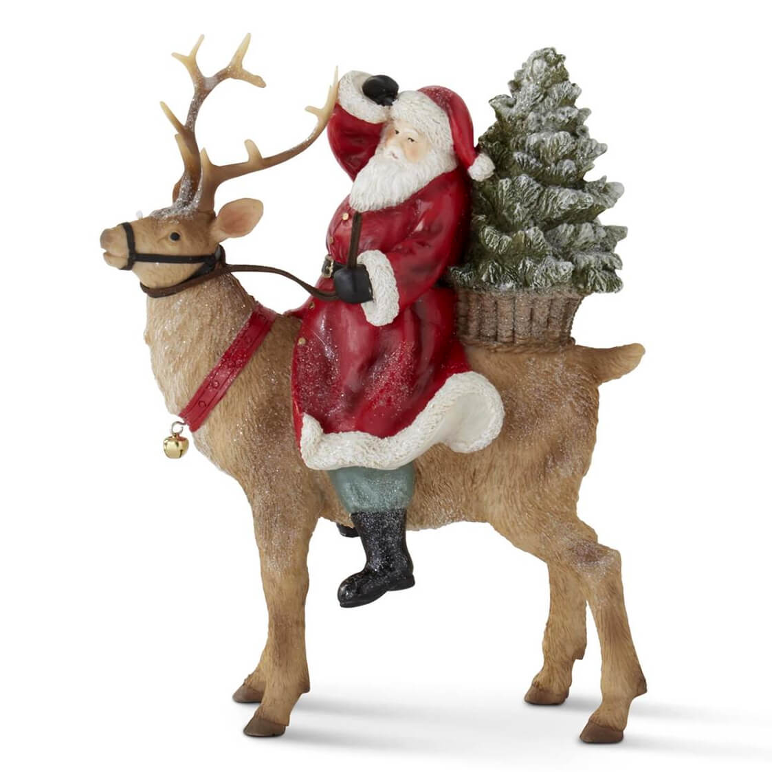 Collectable Christmas 10.5" Glittered Santa Riding Reindeer Figurine - The Primitive Pineapple Collection