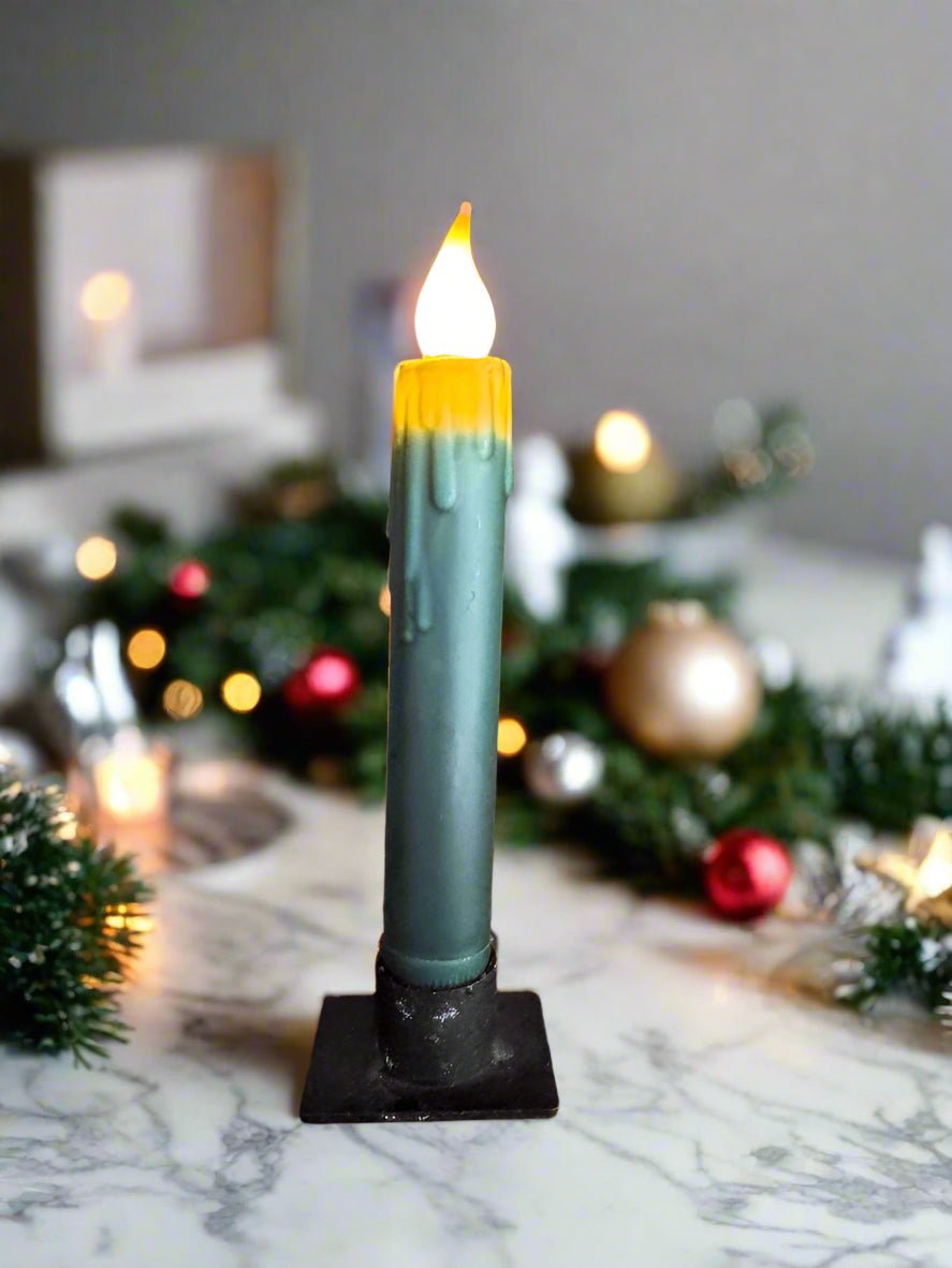 Primitive Handcrafted 7" Pine Green LED Timer Taper Candle - The Primitive Pineapple Collection