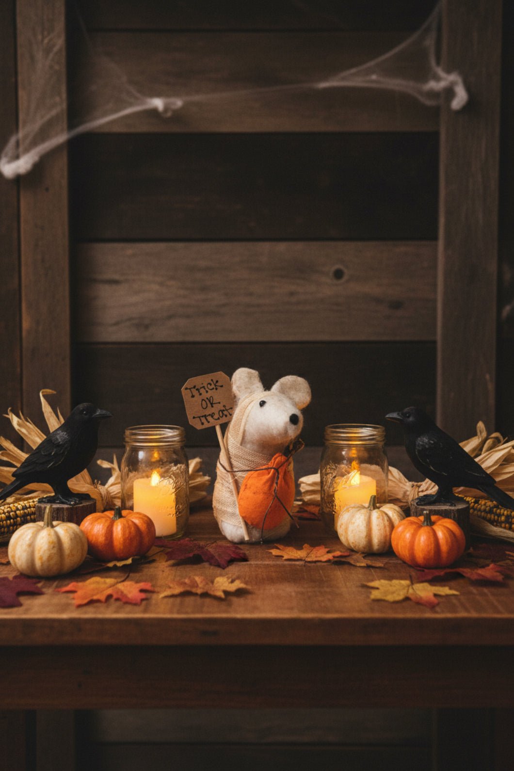 Primitive Handcrafted USA Halloween Trick or Treat Mummy Mouse w/ Pumpkin - The Primitive Pineapple Collection