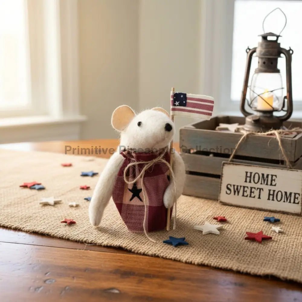 Handcrafted Americana Patriotic Mouse with Flag - The Primitive Pineapple Collection