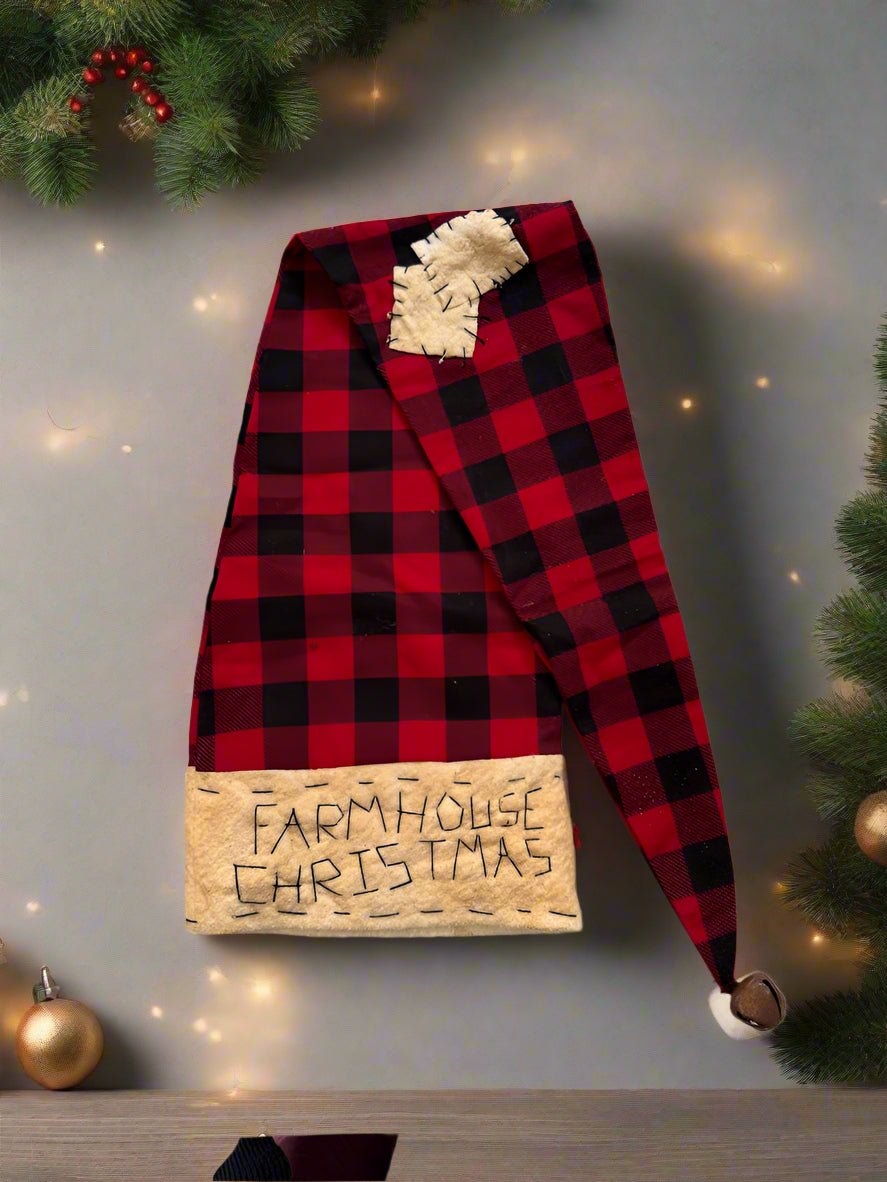 Primitive Handcrafted 36" Buffalo Plaid Farmhouse Christmas Santa Hat Tree Topper - The Primitive Pineapple Collection
