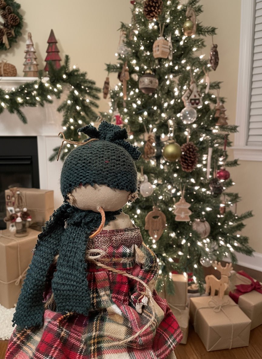 Primitive Christmas Handcrafted Holly Snow Girl Doll w/ Hat 12" - The Primitive Pineapple Collection