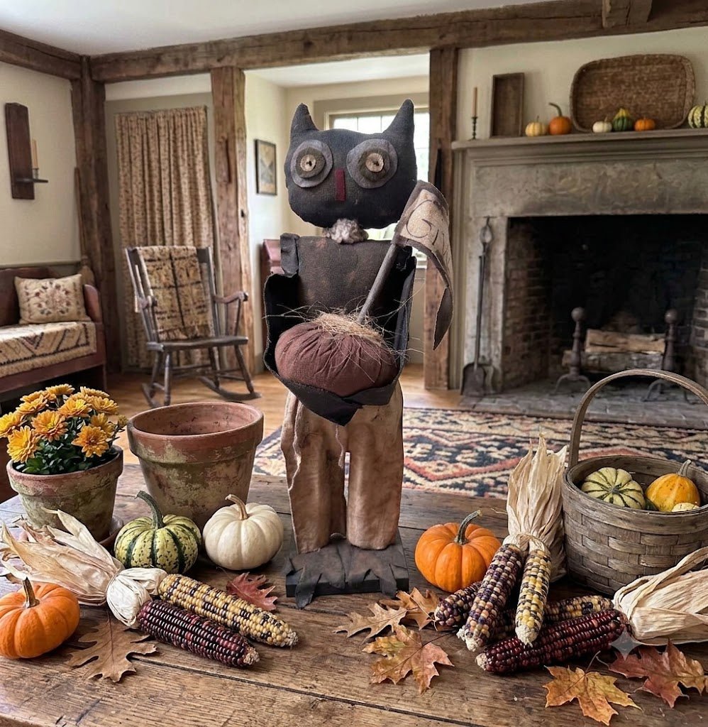 Handcrafted Halloween Thanksgiving 21" Mr Hoot Owl Doll on Stand - The Primitive Pineapple Collection