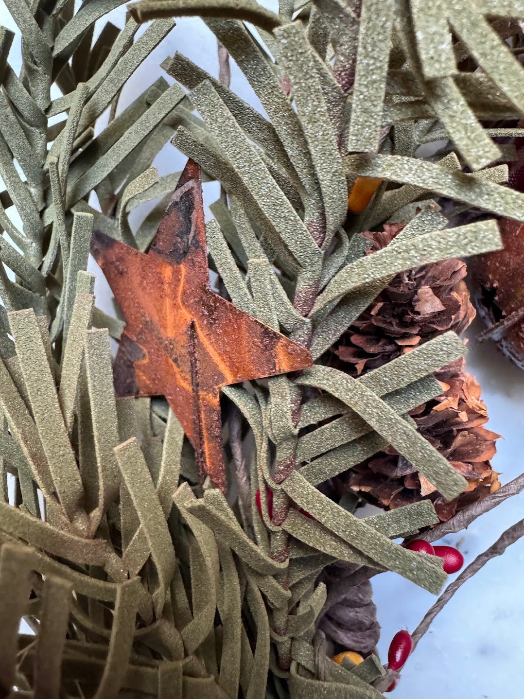 Primitive Christmas Rustic 12" Fabric Wreath w/ Bells and Rusty Stars - The Primitive Pineapple Collection