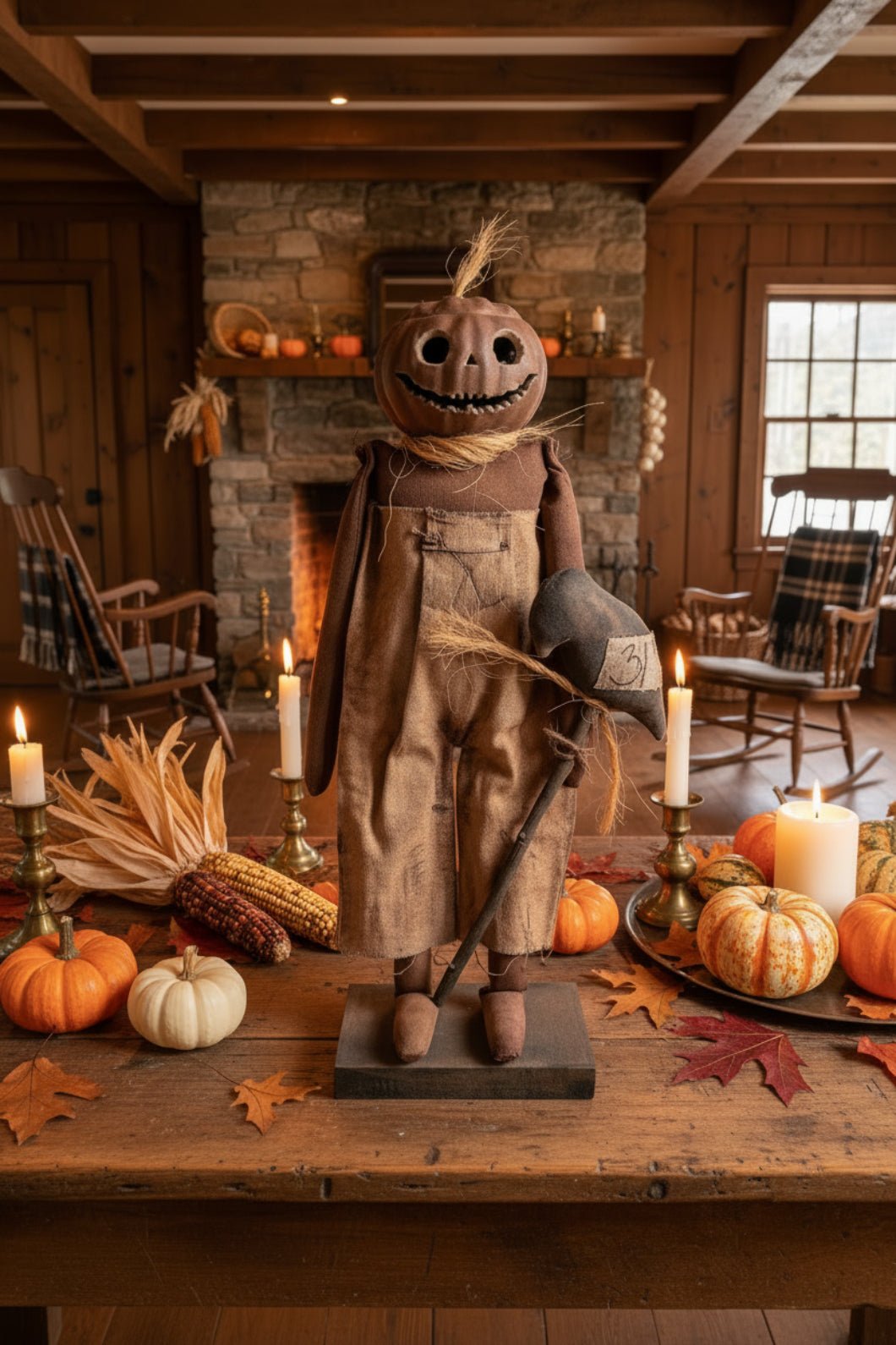 Primitive Handcrafted Halloween Jack-O Lantern Doll on Stand 18" | Folk Art - The Primitive Pineapple Collection