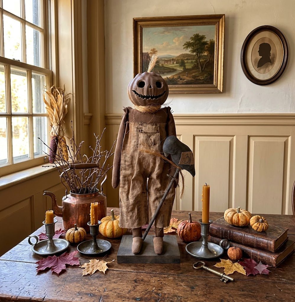 Primitive Handcrafted Halloween Jack-O Lantern Doll on Stand 18" | Folk Art - The Primitive Pineapple Collection