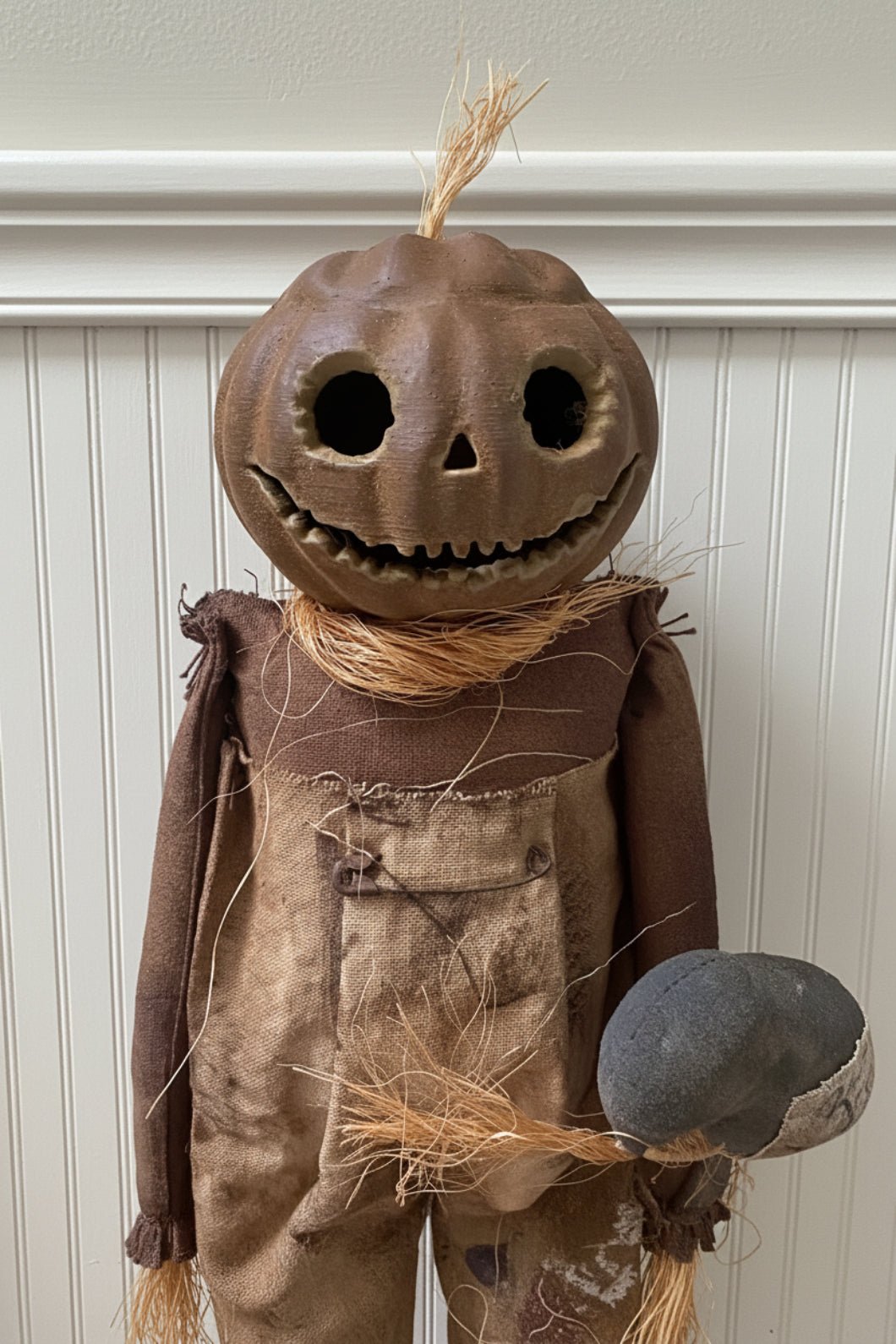 Primitive Handcrafted Halloween Jack-O Lantern Doll on Stand 18" | Folk Art - The Primitive Pineapple Collection