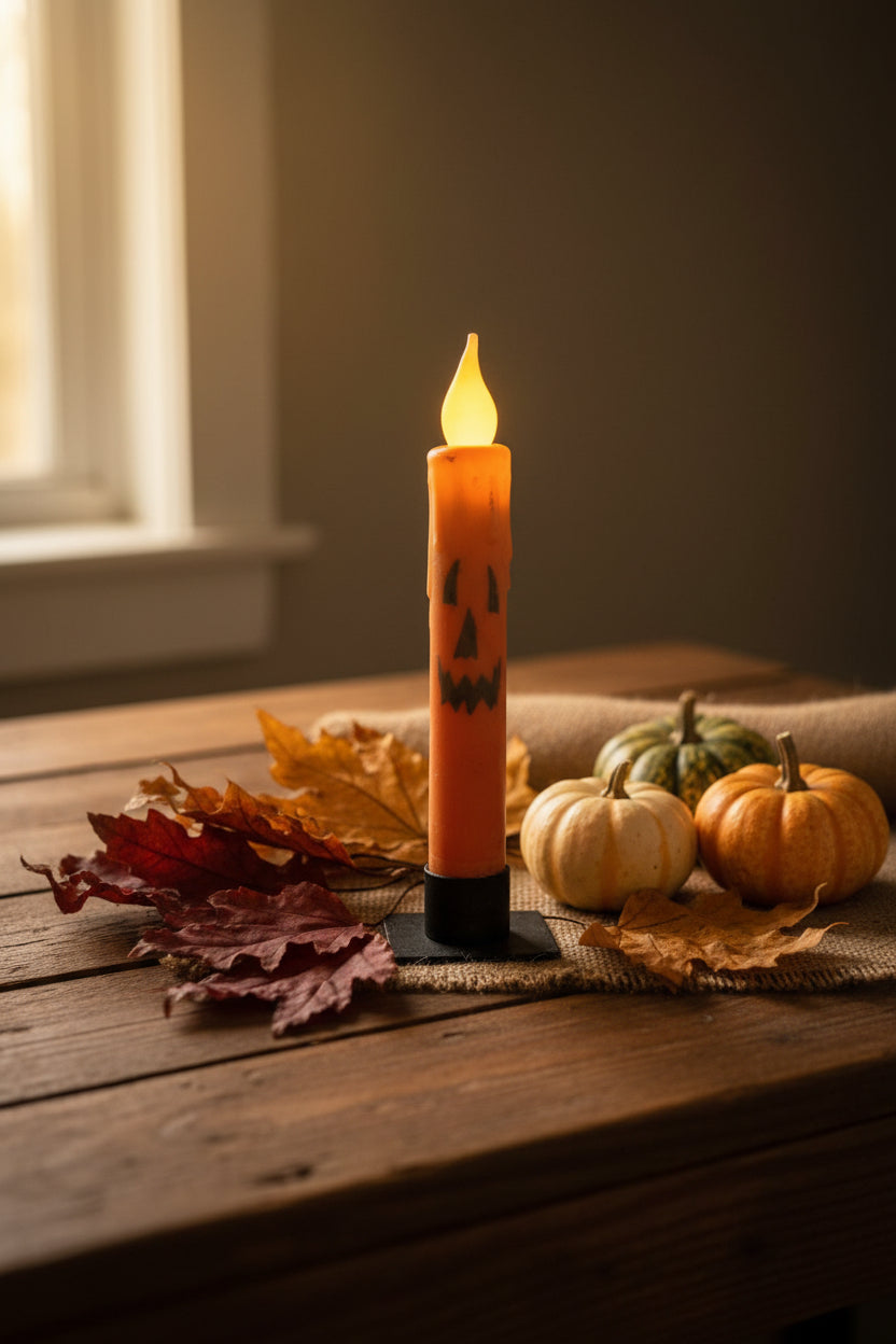 Primitive Handcrafted 7" Orange Jack O Lantern Battery Led Timer Taper Candle - The Primitive Pineapple Collection
